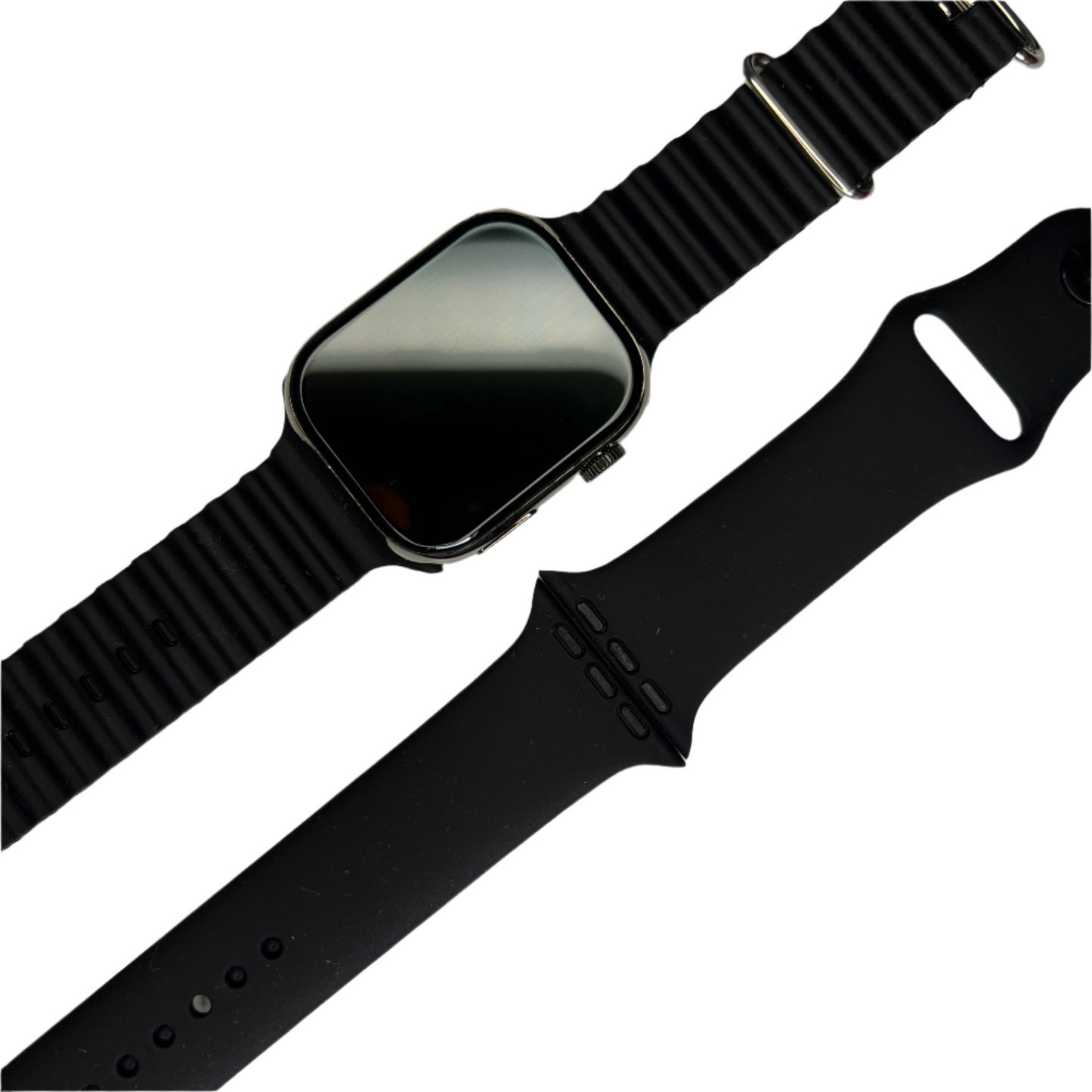 Black smartwatch with a matching black band on a white background