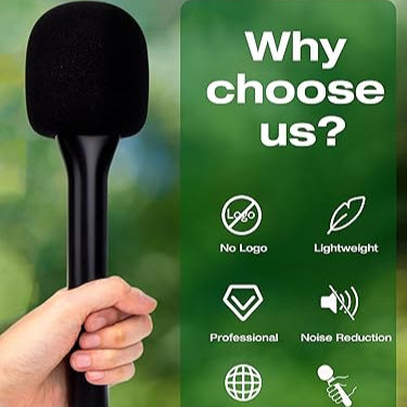 Black microphone held by a hand with promotional text and icons on a green background