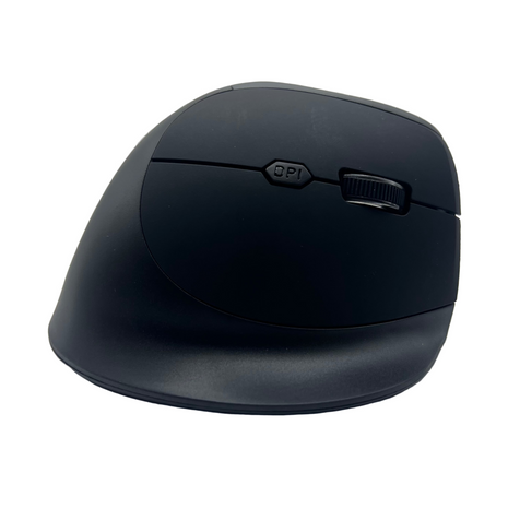 Black ergonomic mouse on a light gray background