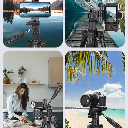 Collage of a camera on a tripod in various settings with text 'Solidity and Easy Set-up'.