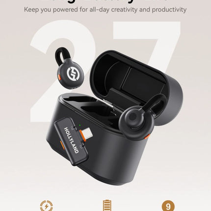 Black wireless earbuds with charging case on a light gray background, featuring text about battery life and features.